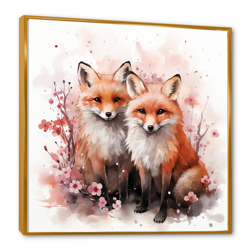 Foxs Elegant Forest Florals Grace I - Renard, art mural animal, Cadre flottant doré, H 16 po x l 16 po x P 1 po