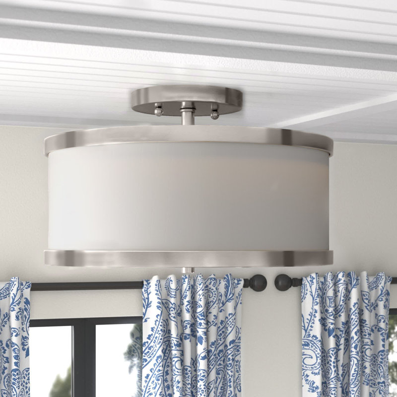 Berthine Fabric Semi Flush Mount, Off-White, Brushed Nickel, 8" H x 13" W x 13" D