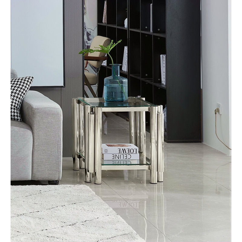 Table de bout carrée 20 pouces, table de bout moderne en acier inoxydable, table basse en verre trempé transparent à deux couches, table d'appoint avec rangement, pour le bureau personnel du salon