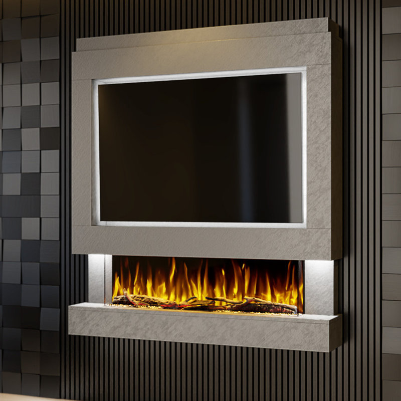 Evolution Fires Pre-Built Media Wall Package 4, finished in textured Venetian Plaster, includes Spectrum Series 44 Series 3-Sided Electric Fireplace