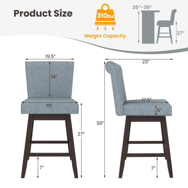 27" Swivel Bar Stools With Rubber Wood Legs Upholstered Linen Bar Chairs, 2, Gray Seat/Black Frame