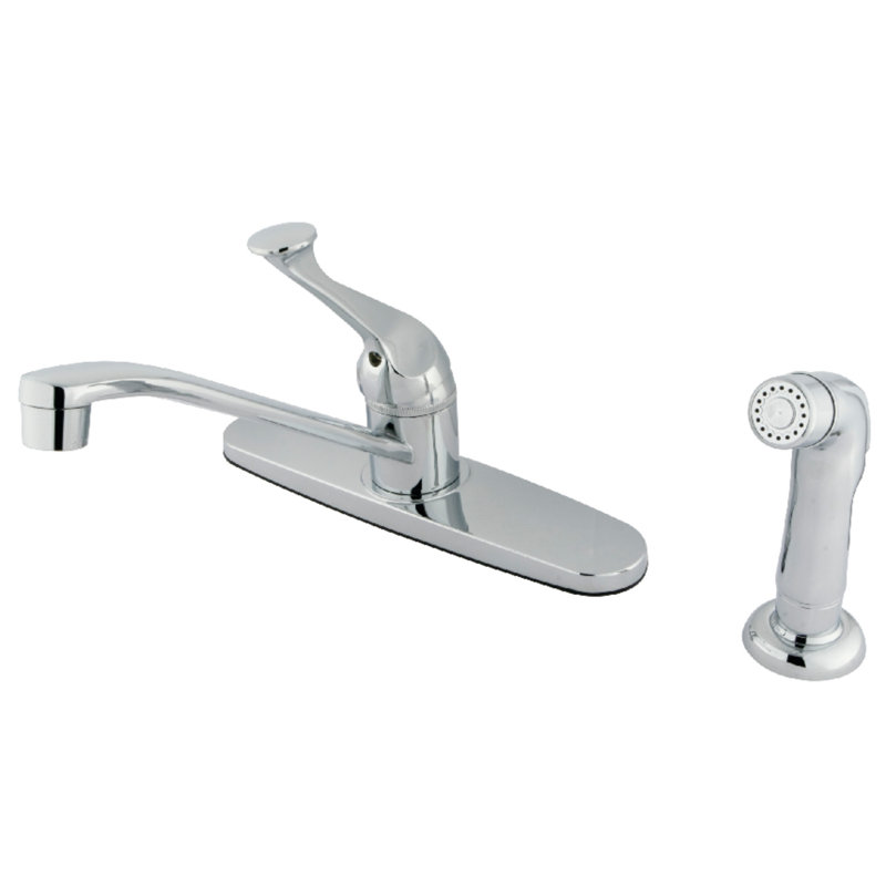 Robinet de cuisine central à poignée simple 4 trous 8 "avec douchette latérale Kingston, Chrome poli