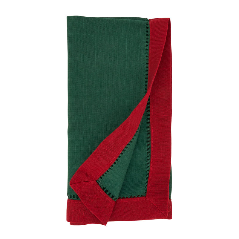 Contrast Border Two-tone Hemstitch Cloth Napkins 20" W X 20" L, Set Of 4, Jasper Green