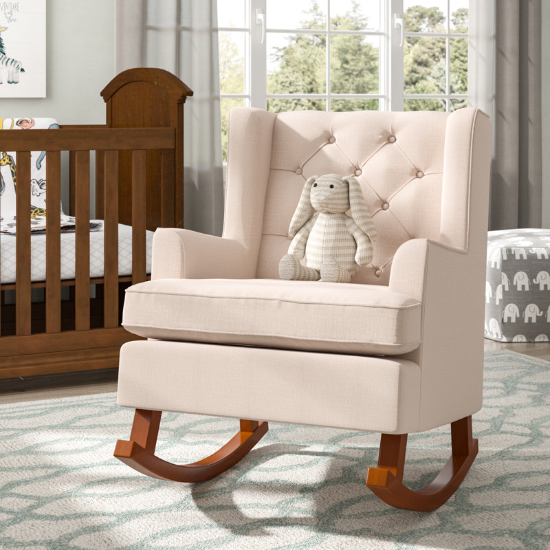 Chaise berçante moderne en bois massif, Lin beige