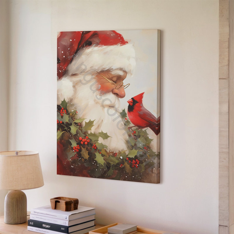 La toile crée une scène festive chaleureuse mettant en vedette une figure joyeuse avec une décoration murale, une barbe blanche moelleuse et un chapeau de père Noël rouge orné d'art mural moderne sur toile