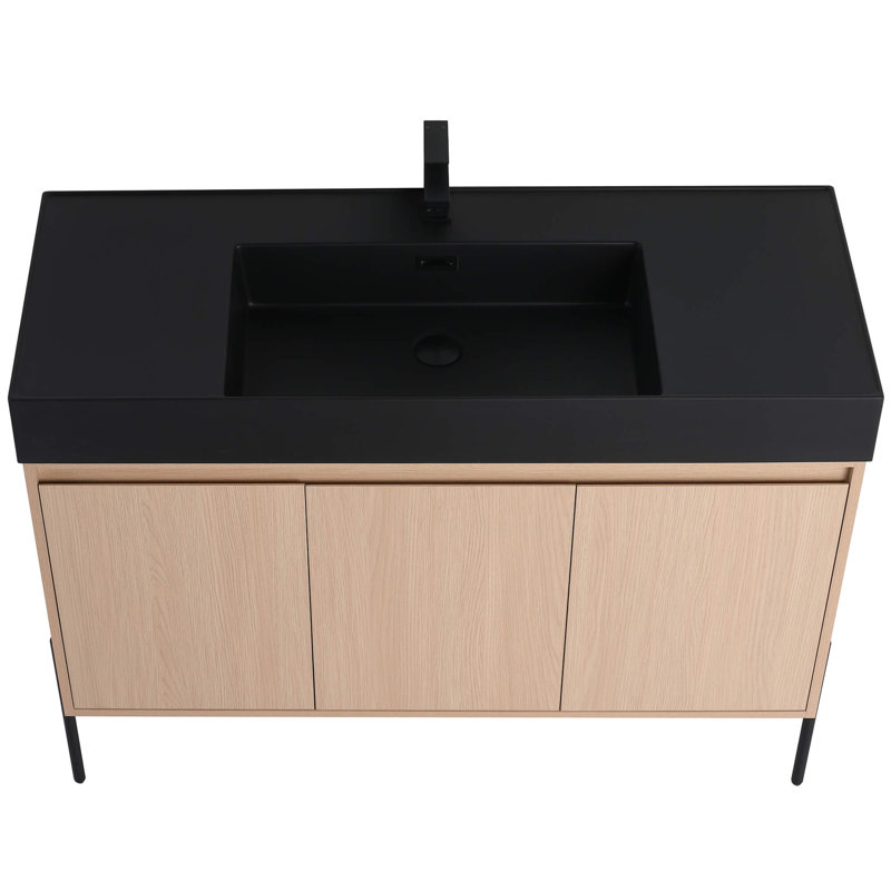 Ebern Designs Yordana Bathroom Vanity 48" Wide, White Oak, Black