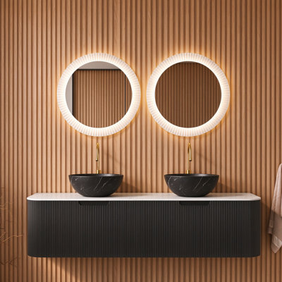 60" Floating Bathroom Vanity with 2 Matte Black Vessel Sinks, Curved Fluted Cabinet with 2 Drawers, Carrara White Sintered Stone Countertop, Black