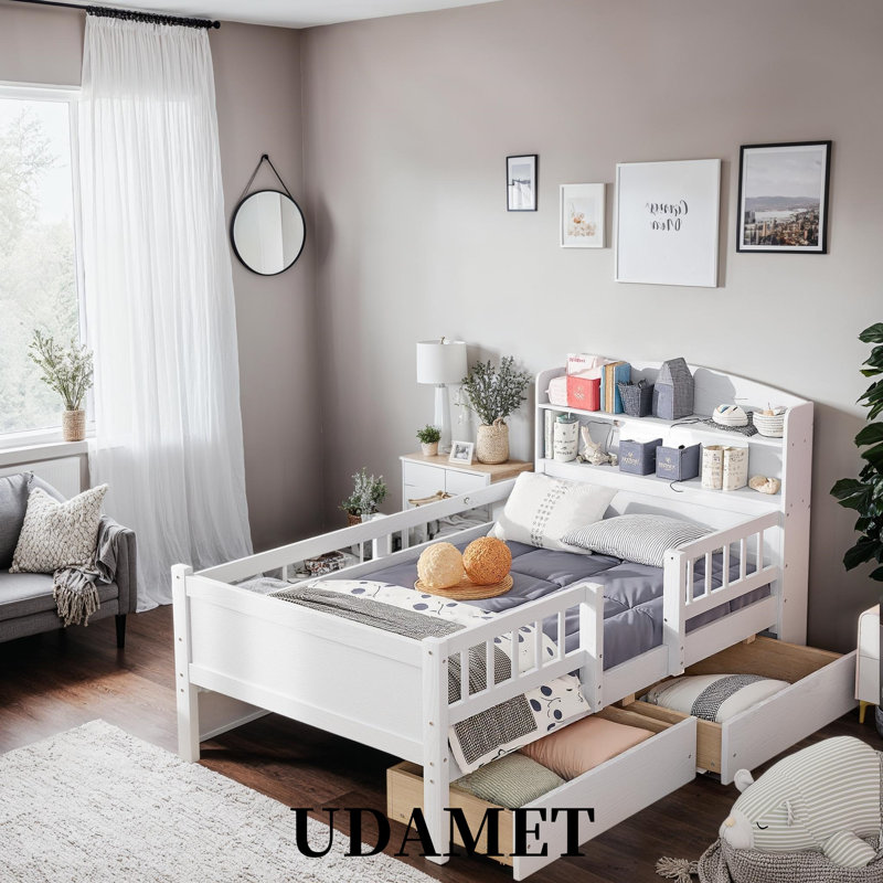 Lit plateforme simple en bois avec lumière DEL intégrée, tête de lit multifonctionnelle, 2 tiroirs, Blanc