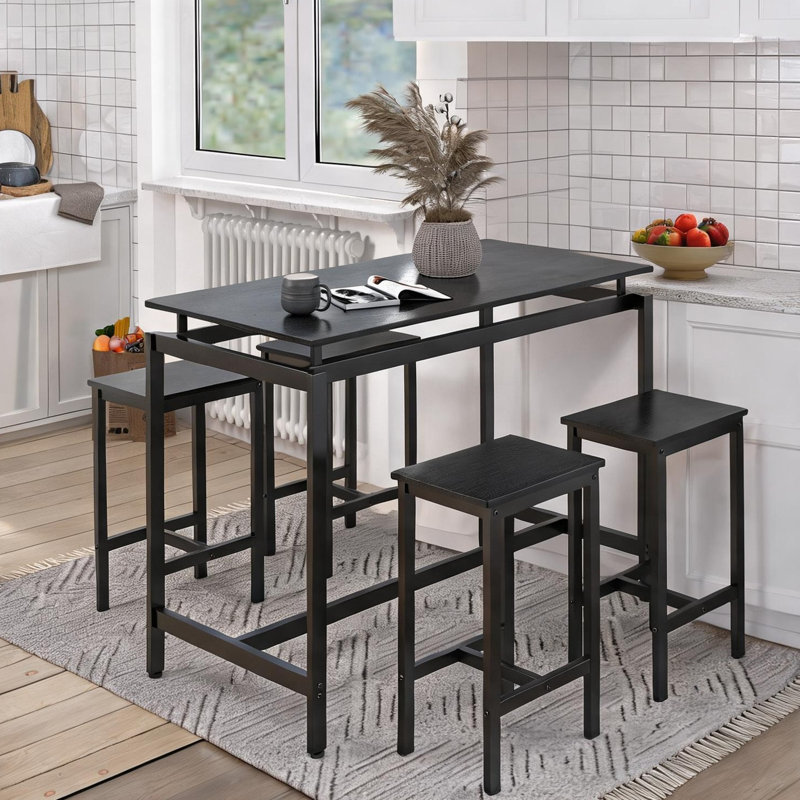 Matte Black Bar Table Set with 4 Stools, Space-Saving Counter Height Dining for Small Kitchens