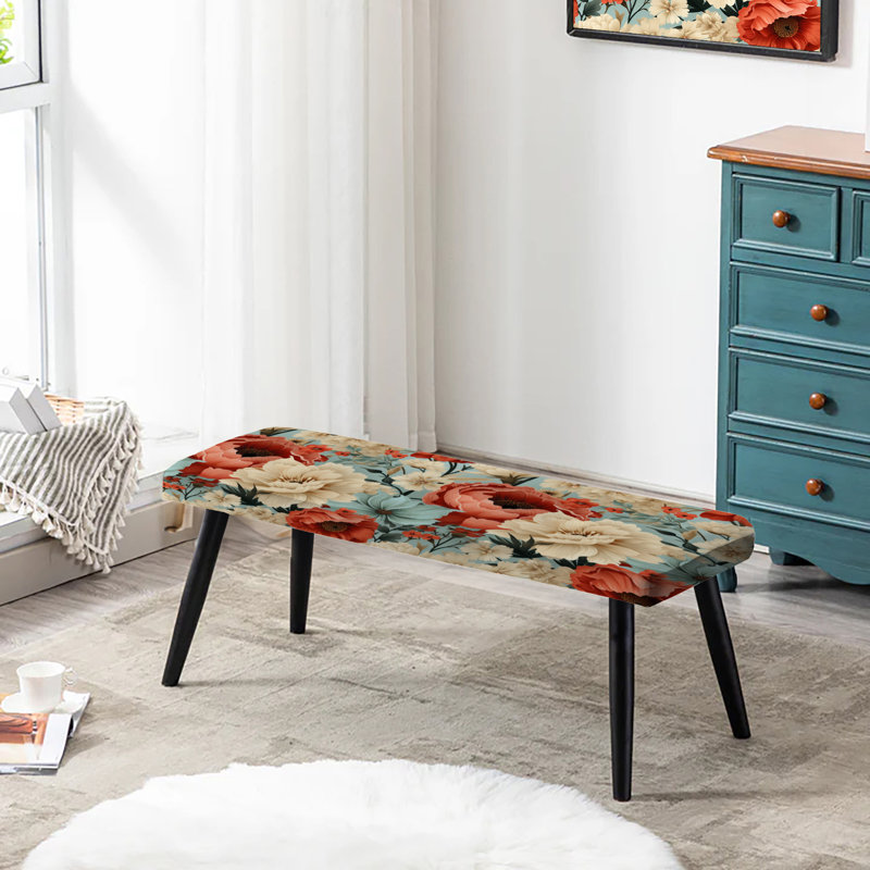 Coral Boho Floral Harmony - Floral Upholstered Black Bench