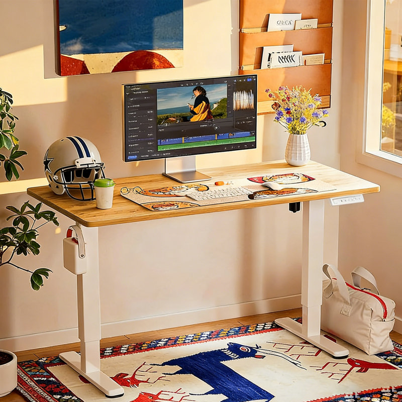 Adjustable Electric Standing Desk With Stable Steel Frame, Quiet Motor, Memory Height Control, Light Oak, White