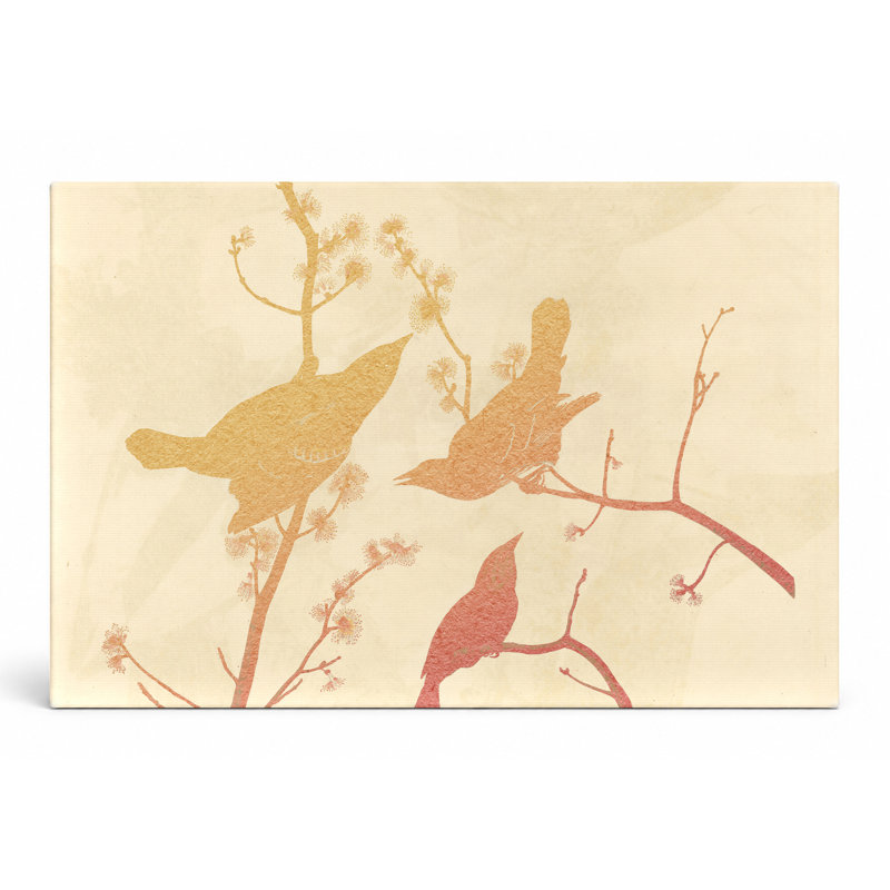 Three Birds on Flowering Branches - Art mural sur toile paysage, L 36 po x H 24 po