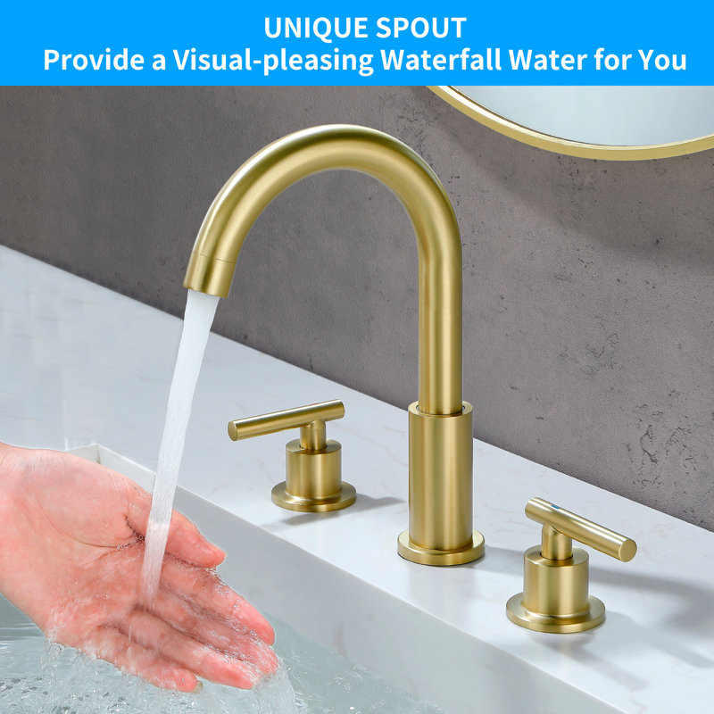 8 In. Widespread Double-Handle Bathroom Faucet Set 3-Holes Vanity Sink With Metal Drain, Brushed Gold