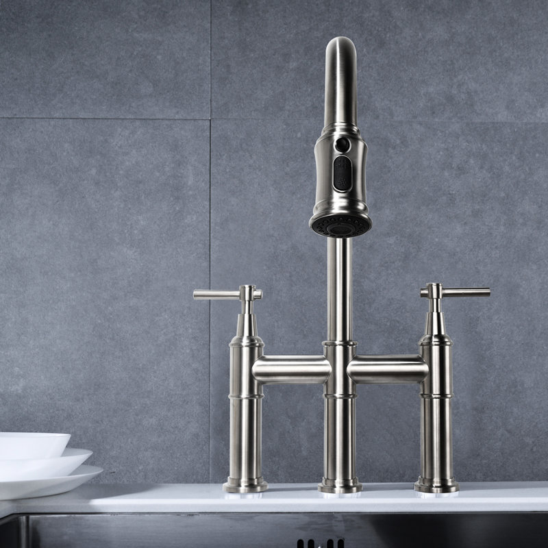 Robinet de cuisine de style pont en nickel brossé, fonction rétractable, poignée double pour un contrôle précis de l'eau, buse haute rotative à 360 °, robinet en laiton, aérateur silencieux à éclaboussure de nickel avec, précis