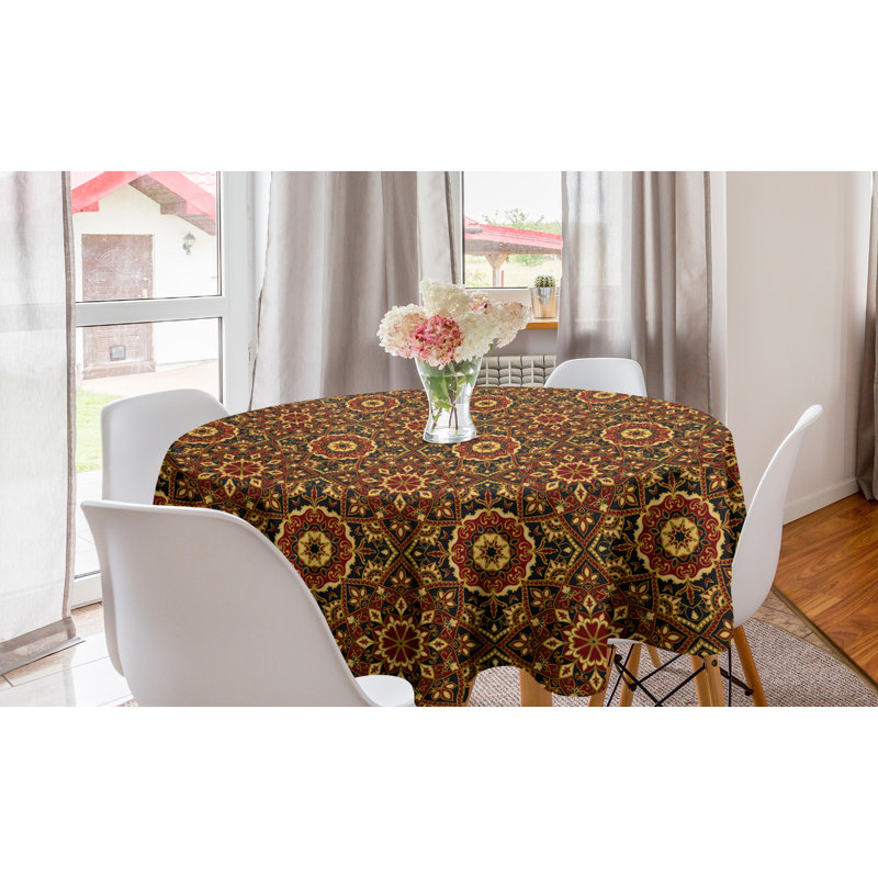 Ambesonne Turkish Pattern Round Tablecloth, Byzantine Old Ornament In Dark Colors Medieval Mosaics, Circle Table Cloth Cover For Dining Room Kitchen Decoration, 60", Ruby Mustard Black