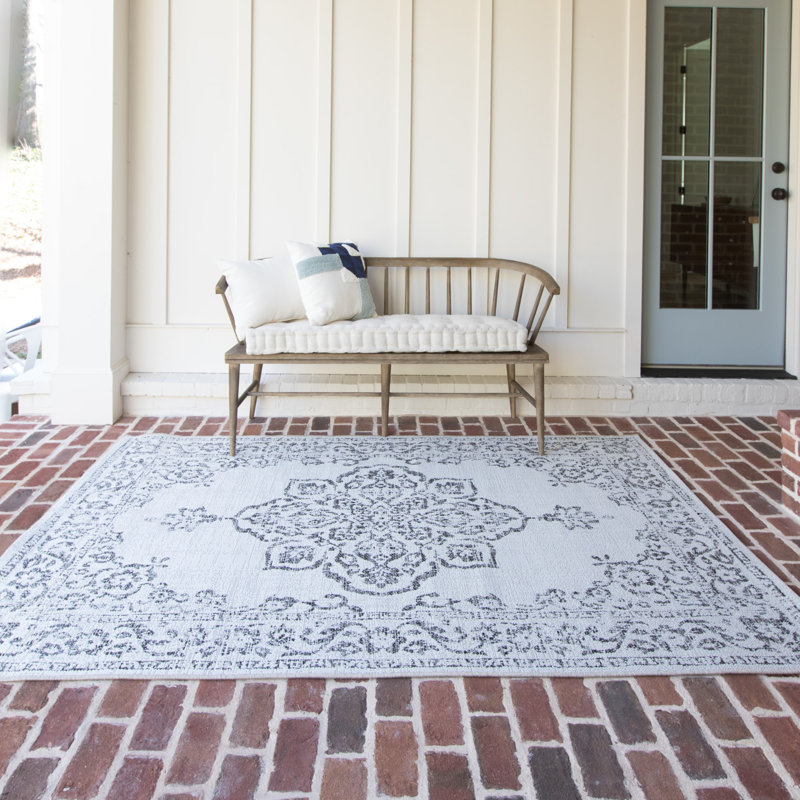 Tapis d'intérieur / extérieur gris à motif oriental Jamya, Tapis de couloir 2 pi x 6 pi 11 po
