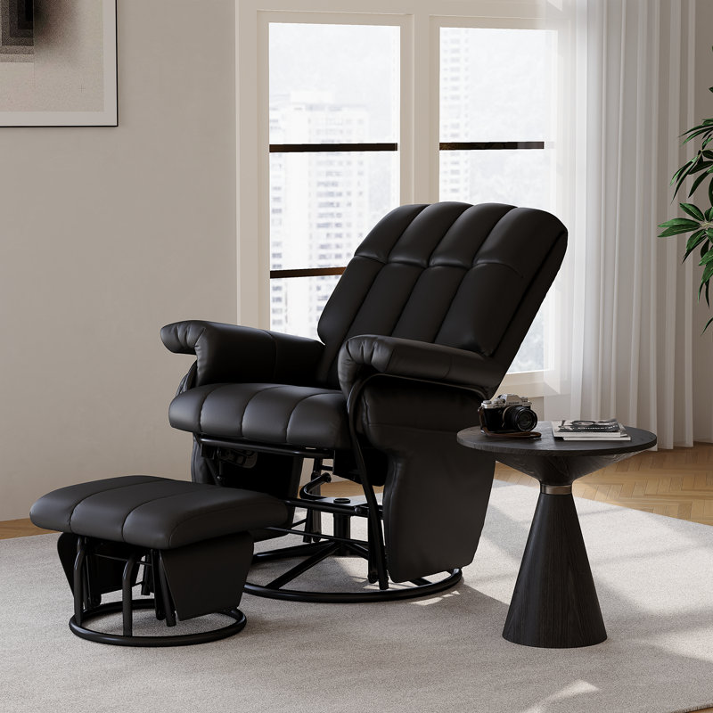 360°Swivel Glider Rocking Recliner Chair With Ottoman, Black Faux Leather