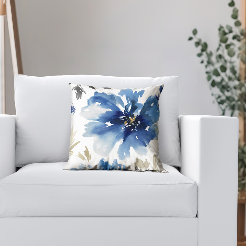 Floral Throw Pillow with Premium Polyester, White/Indigo, Square 14"H x 14"W
