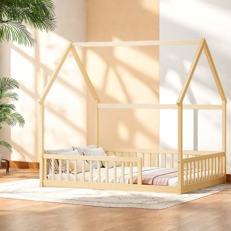Lits pleine grandeur à structure de maison, lit à plancher en bois de pin, chambre d'enfant de ferme