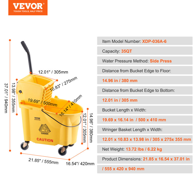 Mop Bucket, 88.9cm H x 53.3cm W x 40.6cm D