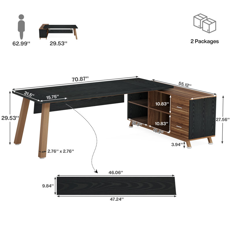 Bureau en L 71 po avec tiroirs et classeur, bureau de direction moderne, Noir / brun