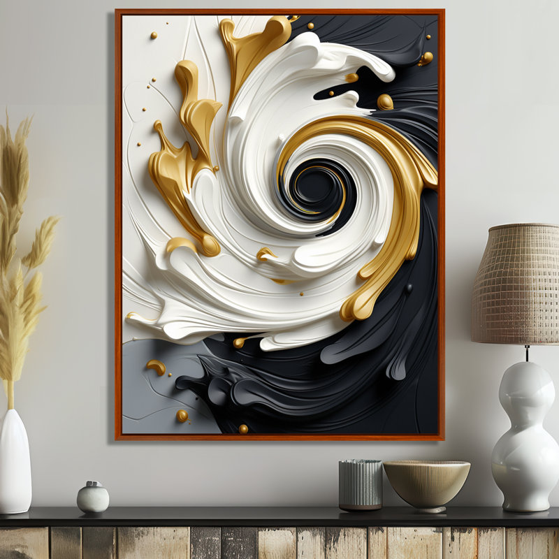 Liquide or noir et blanc texturé spirale magique - spirales abstraites, art mural, 40" H x 30" W, Cadre flottant brun