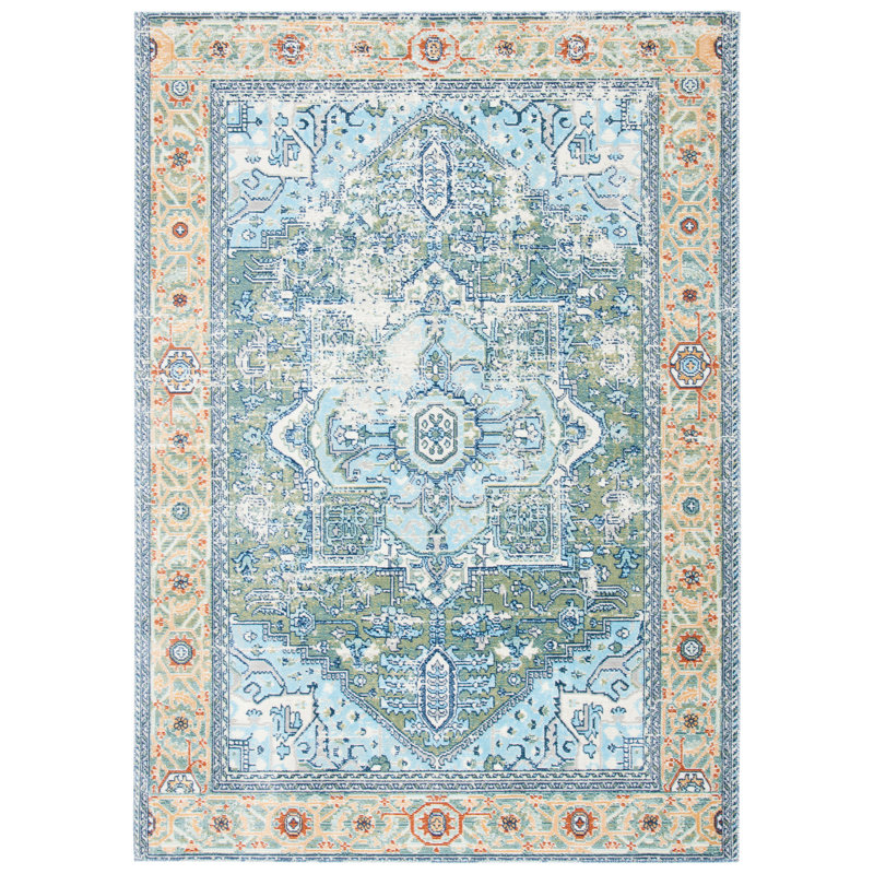 Tapis oriental vert / bleu Emelly, Rectangle 5 pi 3 po x 7 pi 7 po