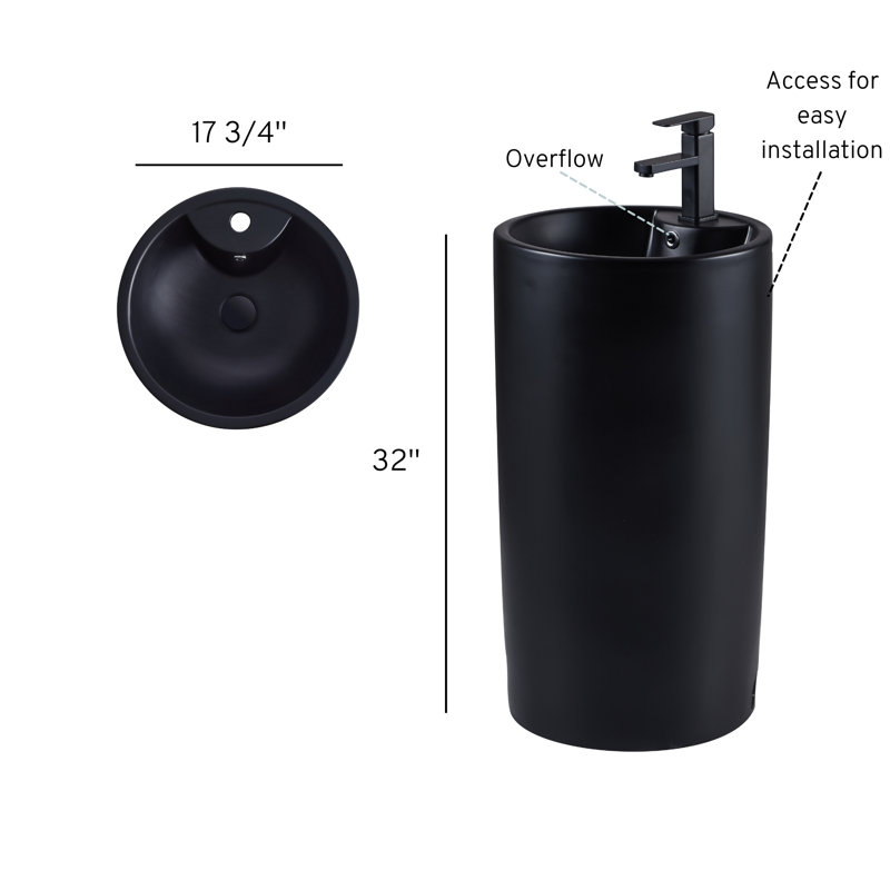 Lavabo de salle de bain piédestal circulaire en céramique avec trop-plein 27 po Costa, Noir