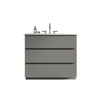Sleek Bathroom Vanity With Sink And Faucet Holes, Offering Functional Storage And Modern Design