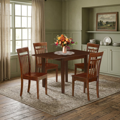Mahogany Finish Solid Wood Dining Table Set 5 Piece Slatted Back With Two 9-inch Drop Leaves