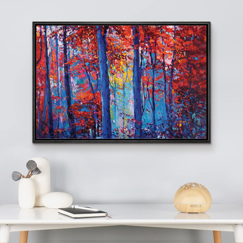 Abstrait forêt vibrante, bleu et rouge, automne, coup de peinture, forêt, nature sauvage, illustrations, art moderne, paysage