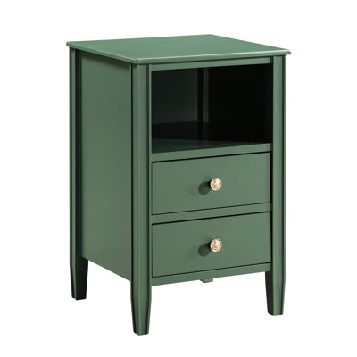 Table de chevet à 2 tiroirs vintage, quincaillerie à boutons dorés brossés, glissières en métal montées sur le côté, tablette de rangement ouverte, pieds fuselés et plancher sans assemblage requis