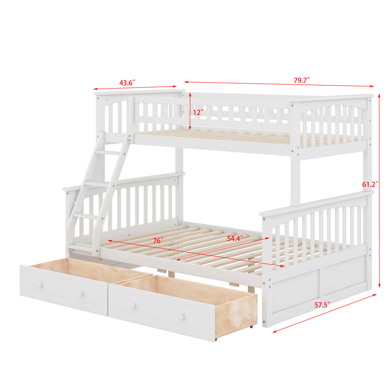 Twin Over Full Bunk Bed With Drawers, White