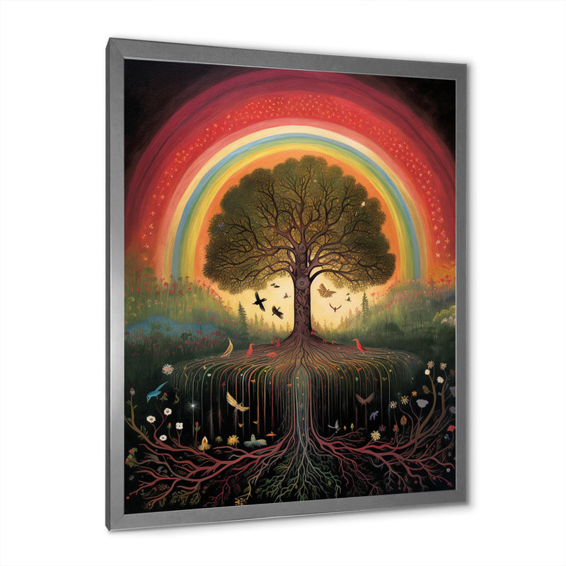 «Tree of Life Rainbow Retro Illustration», reproduction sur toile, H 32 po x l 16 po x P 1 po, Cadre simple argenté