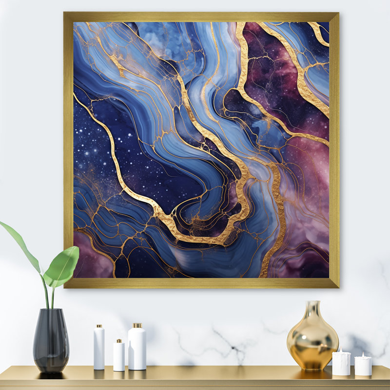 Essence de marbre abstrait bleu et or I - décoration murale en marbre, Cadre doré simple, H 30 po x l 30 po x P 1,5 po