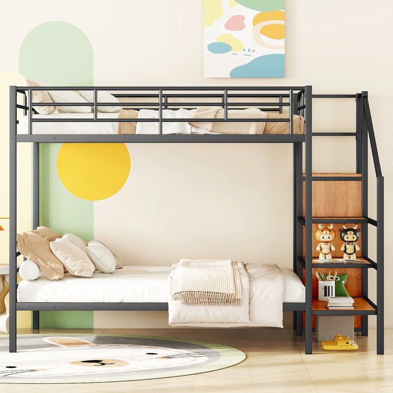 Lit superposé en fer noir avec rangement latéral et armoire à vêtements - choix d'économie d'espace, structure de construction, configuration latérale sécuritaire de la tablette et du support, option de literie