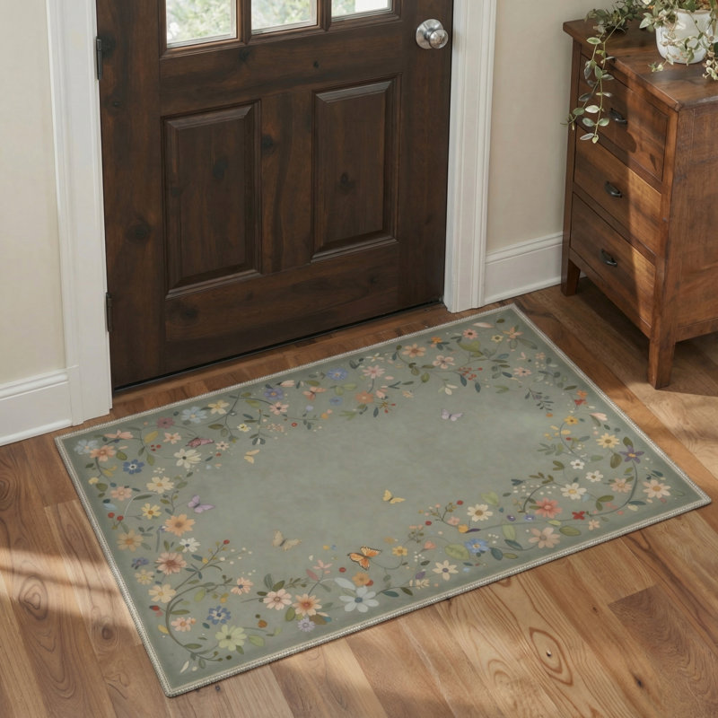 Alameda Aura Floral Machine Washable Green / Yellow / Pink Indoor Area Rug with Non-Slip Backing, Rectangle 6' x 9'