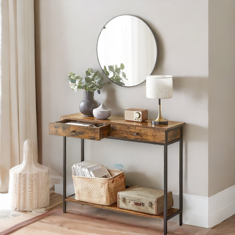 100Cm 2 Tier Rustic Console Table with 2 Drawers and Storage Shelf Entryway Living Room