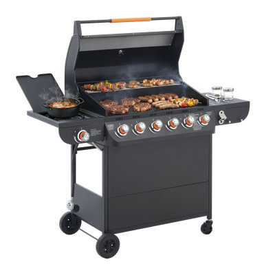 6 Burner BBQ Propane Gas Grill With Side Burner 72000 BTU Output Stainless Steel Barbecue Grill With Cast Iron Grates And Side Tables For Outdoor Cooking Kitchen And Patio Backyard.