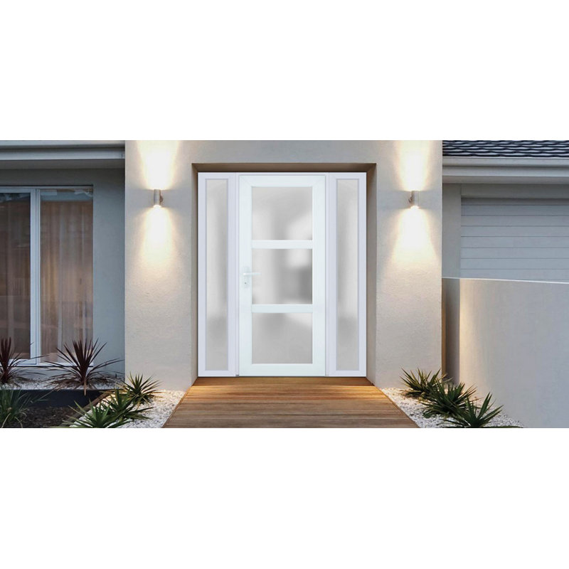 Front Exterior Prehung FiberGlass Door Frosted Glass / Manux 8552 White Silk / 2 Side and Top Exterior Window / Office Commercial and Residential Doors Entrance Patio Garage-W12+30+12" x H80+14"-Left-hand Inswing
