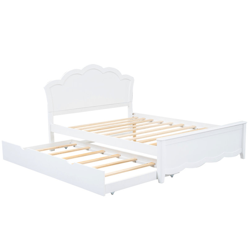 Lit plateforme double en bois blanc pleine grandeur avec tête de lit et lit gigogne simple - confortable, peu encombrant, facile à assembler, sans sommier tapissier requis