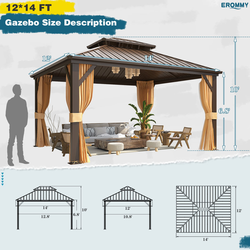 Pavillon de jardin l 12 pi x P 14 pi, toit en acier galvanisé double et cadre en aluminium pour spa, terrasse, cour arrière
