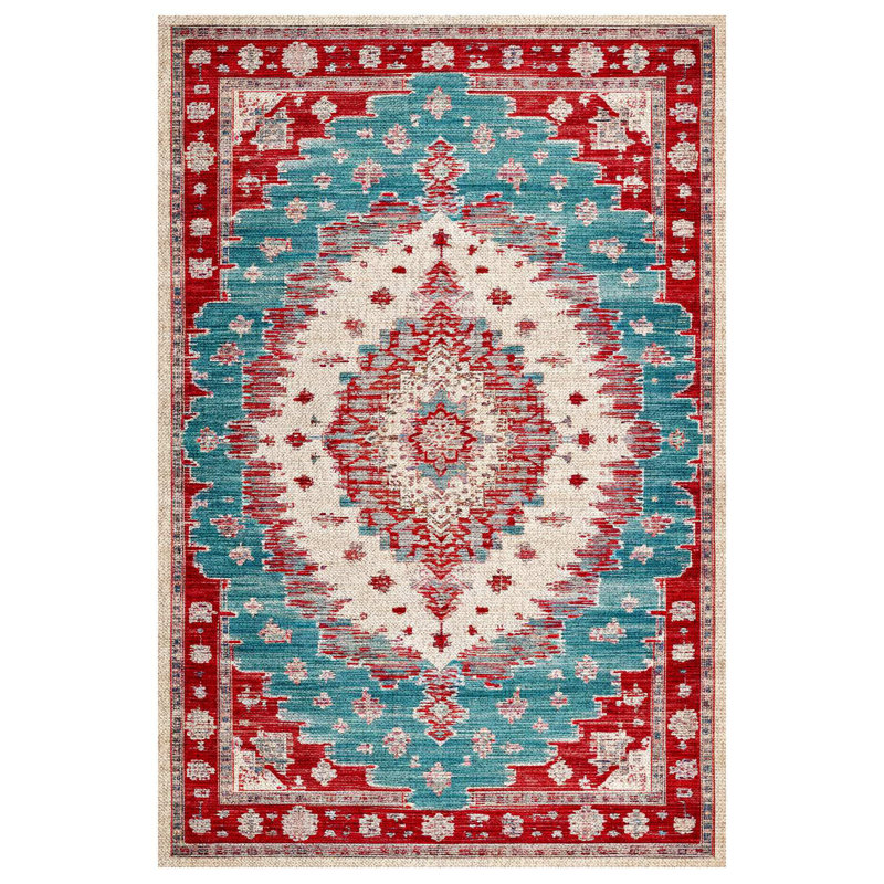 Gulustan Blue Red Oriental Machine Printed Cotton Polyester Area Rug, Rectangle 6'7" x 9'11"