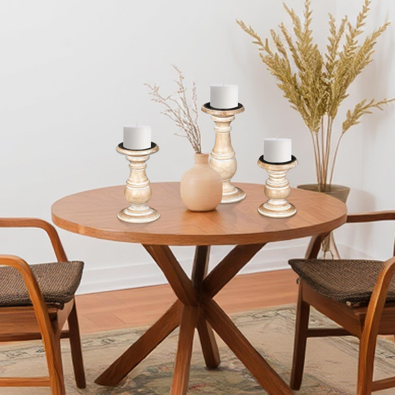 White Wash Wood Pillar Candle Holders, Set of 3, White Wash