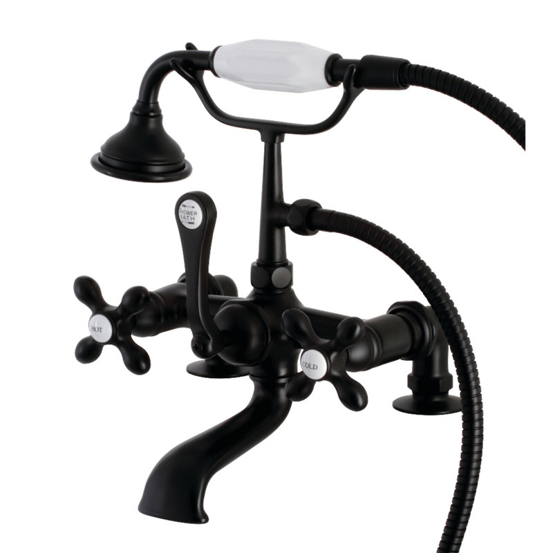 Kingston Brass Aqua Vintage Three-Handle 2-Hole Tub Wall Mount Clawfoot Tub Faucet with Hand Shower, Matte Black