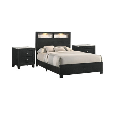 Ensemble de chambre pour très grand lit, noir, blanc, bois chromé, ensemble de 3 pièces avec 2 tables de chevet