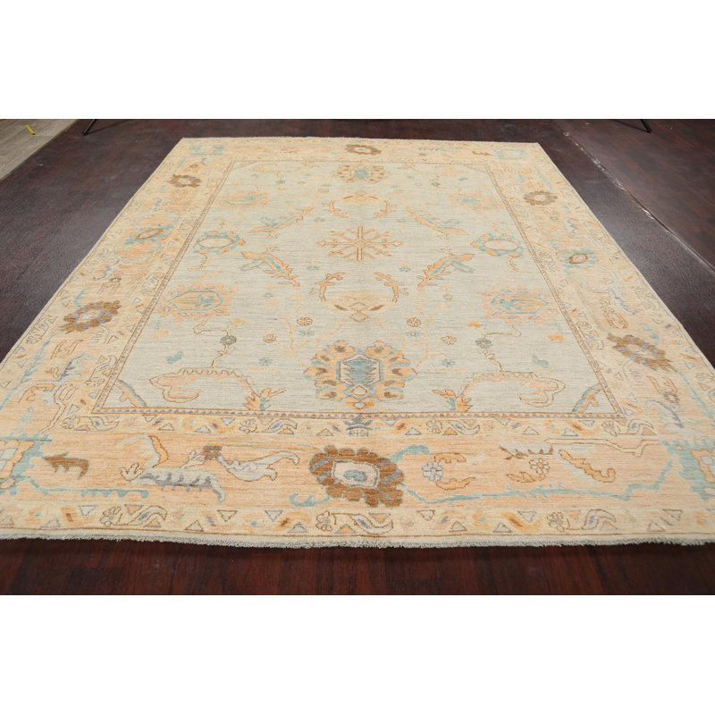 Tapis décoratif en laine de conception unique noué à la main New Age Oushak beige/bleu 8 pi 1 po x 9 pi 8 po New Age