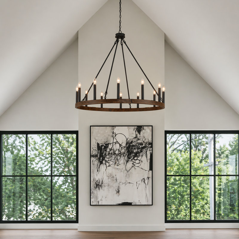 12-Light Candle Style Dimmable Wagon Wheel Chandelier, Walnut