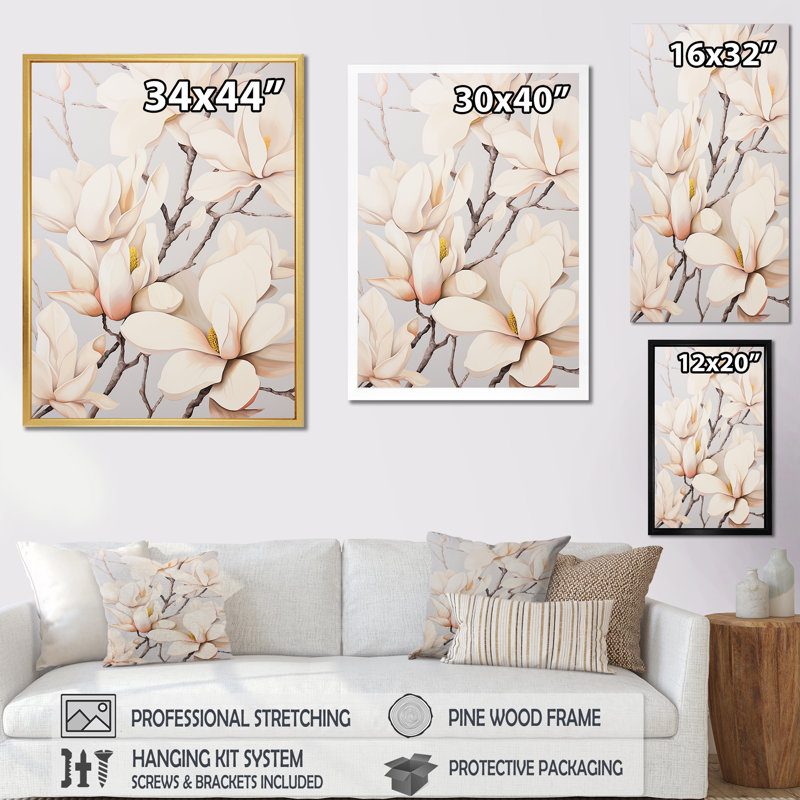 Beige de Magnolias «Dreamy» sur toile, Cadre simple noir, H 40 po x l 30 po x P 1,5 po