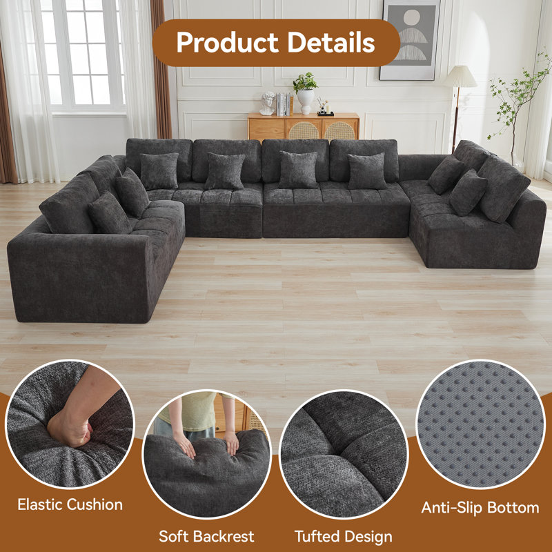 Boneless 152.2’’ Oversized Sectional Sofa, Modular Compressed Cloud Couch with Memory Foam, No Assembly Needed, Gray Chenille